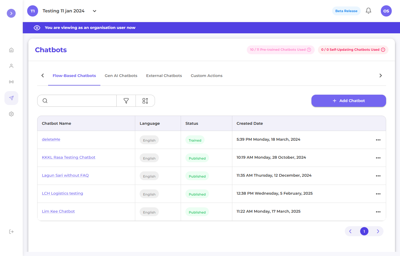 Flow-based Rasa chatbot page for Engages AI client